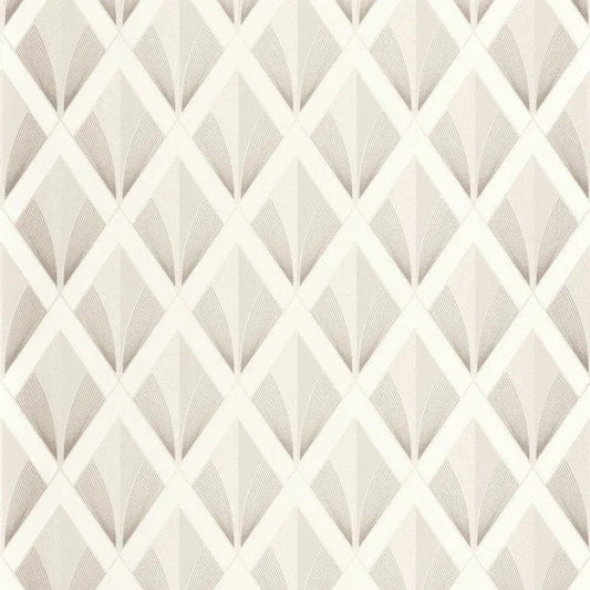 Closeup of a wallpaper showing its Art-Deco, Contemporary, Geometric, Neutrals, Two-tone pattern, color, and subtle texture.