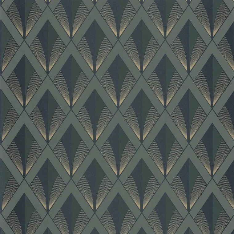 Closeup of a wallpaper showing its Art-Deco, Contemporary, Dramatic, Geometric, Two-tone pattern, color, and subtle texture.