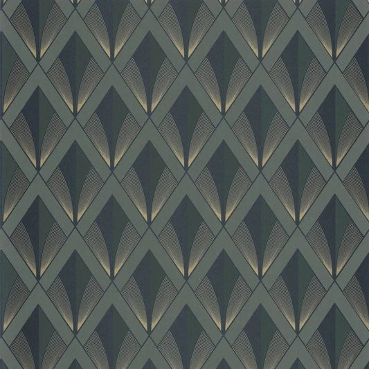 Closeup of a wallpaper showing its Art-Deco, Contemporary, Dramatic, Geometric, Two-tone pattern, color, and subtle texture.