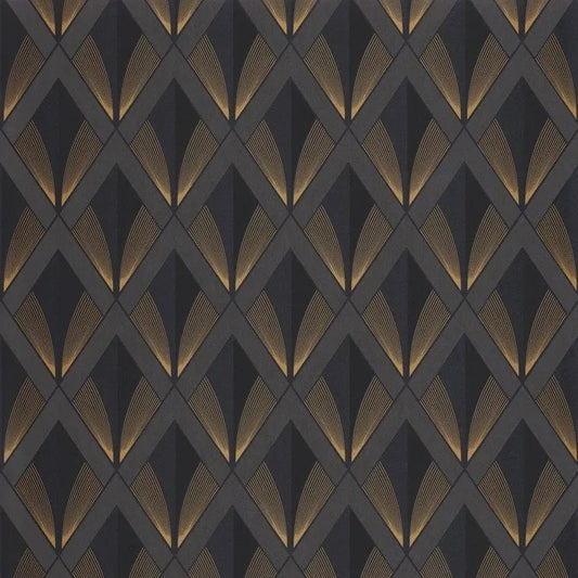 Closeup of a wallpaper showing its Art-Deco, Contemporary, Dramatic, Geometric, Two-tone pattern, color, and subtle texture.