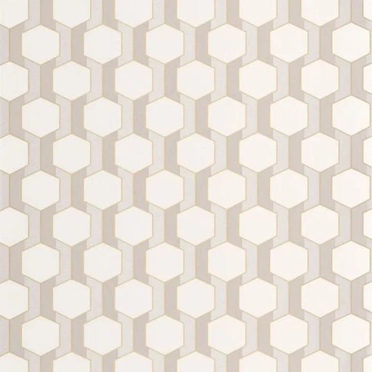 Closeup of a wallpaper showing its Art-Deco, Contemporary, Geometric, Neutrals, Two-tone pattern, color, and subtle texture.
