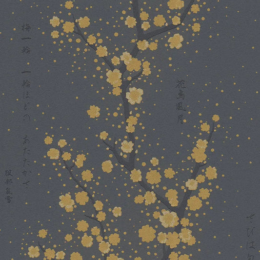 Closeup of a wallpaper showing its Black, Floral, Gold, Nature, Two-tone pattern, color, and texture.
