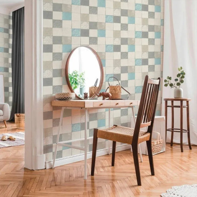 Wallpaper installed in a room showing its full pattern, color