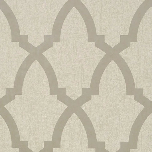 Closeup of a wallpaper showing its Contemporary, Neutrals, Trellis, Two-tone pattern, color, and subtle texture.