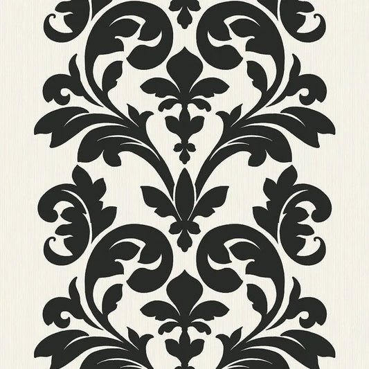 Closeup of a wallpaper showing its Damask, Monochrome, Two-tone pattern, color, and subtle texture.
