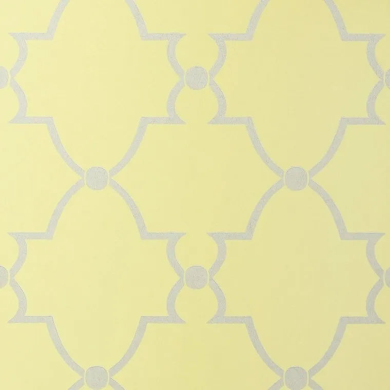 Closeup of a wallpaper showing its Art-Deco, Damask, Two-tone pattern, color, and subtle texture.