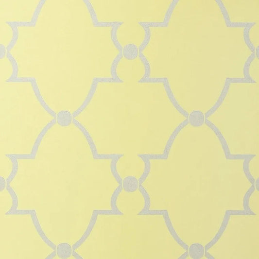 Closeup of a wallpaper showing its Art-Deco, Damask, Two-tone pattern, color, and subtle texture.