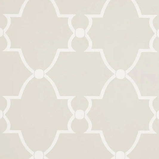 Closeup of a wallpaper showing its Art-Deco, Damask, Neutrals, Two-tone pattern, color, and subtle texture.