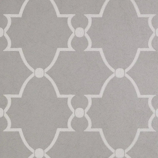 Closeup of a wallpaper showing its Art-Deco, Damask, Two-tone pattern, color, and subtle texture.