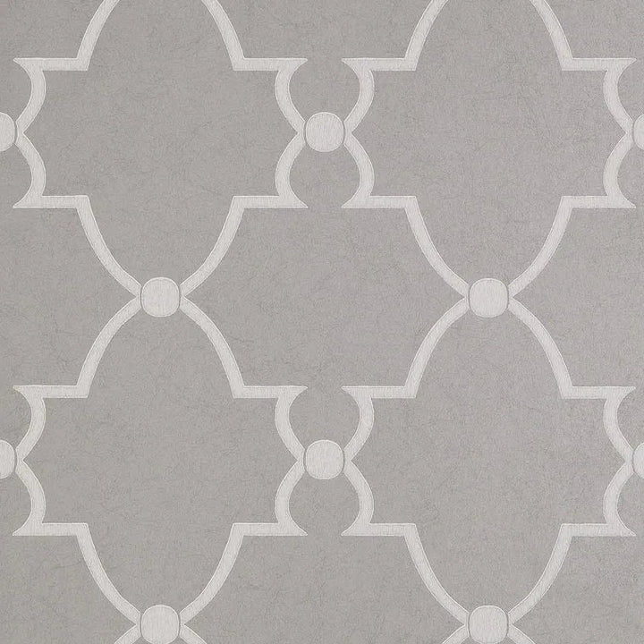 Closeup of a wallpaper showing its Art-Deco, Damask, Two-tone pattern, color, and subtle texture.