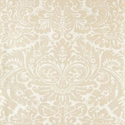 Closeup of a wallpaper showing its Damask, Neutrals, Two-tone pattern, color, and subtle texture.