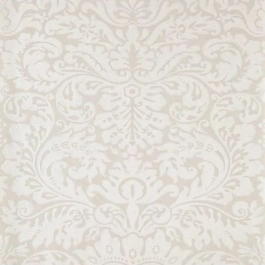 Closeup of a wallpaper showing its Damask, Neutrals pattern, color, and subtle texture.