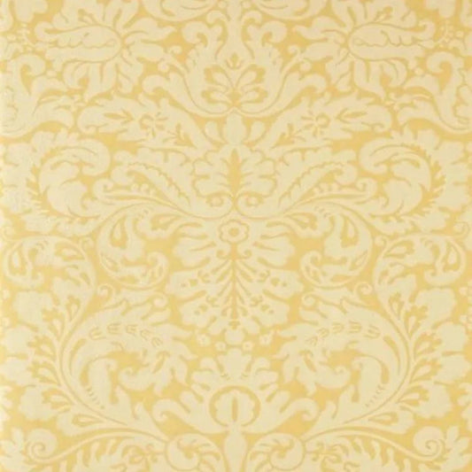 Closeup of a wallpaper showing its Damask, Gold, Yellow pattern, color, and subtle texture.