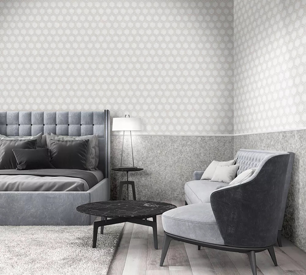 Hexagonal pattern wallpaper on a beige background