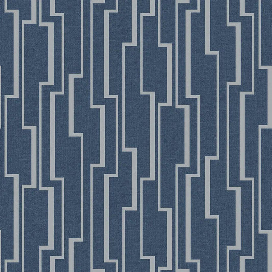 Closeup of a wallpaper showing its Blue, Contemporary, Geometric, Silver, Two-tone pattern, color, and subtle texture.