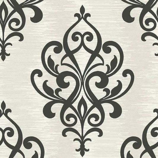 Closeup of a wallpaper showing its Damask, Monochrome, Neutrals, Two-tone pattern, color, and subtle texture.