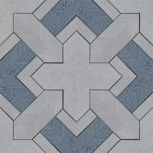 Closeup of a wallpaper showing its Blue, Geometric, Monochrome, Wood-veneer pattern, color, and subtle texture.