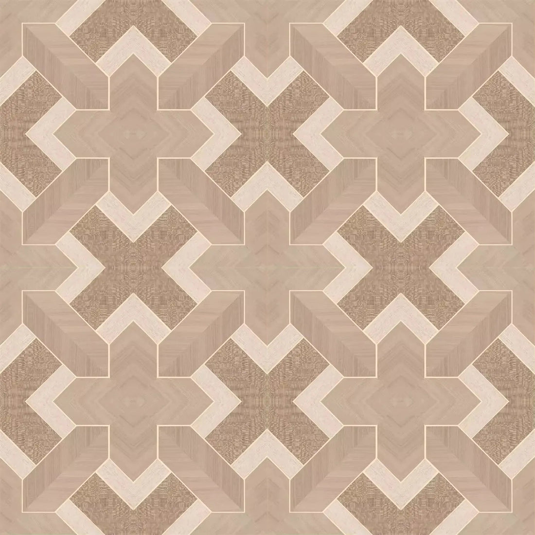 Closeup of a wallpaper showing its Brown, Geometric, Neutrals, Wood-veneer pattern, color, and subtle texture.