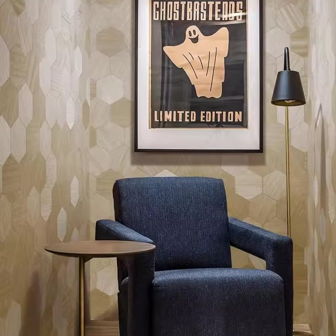 Wallpaper installed in a room showing its full pattern, color