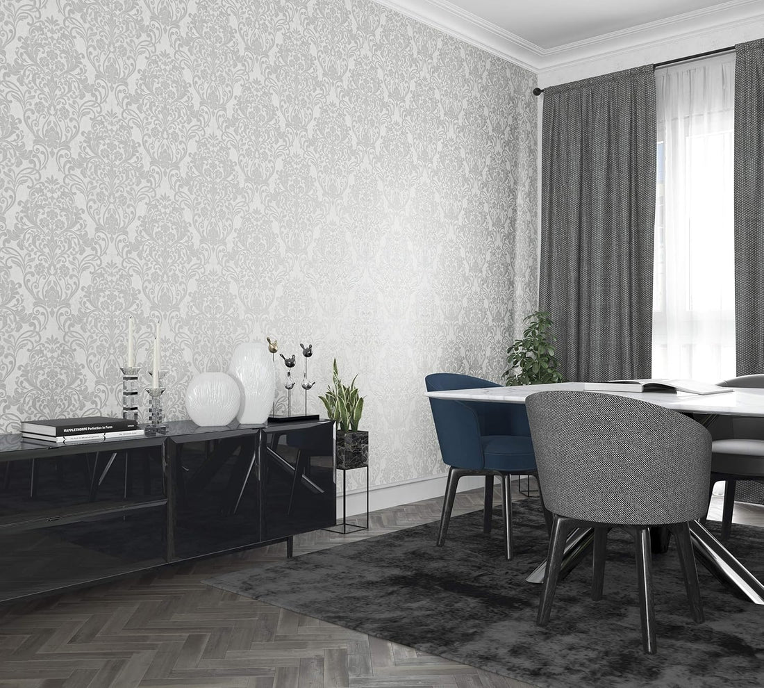 Marburg City Glam 32603 grey damask wallpaper on a light stone-look ground.