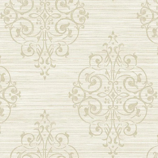 Closeup of a wallpaper showing its Cream, Damask, Neutrals, Vinyl pattern, color, and subtle texture.