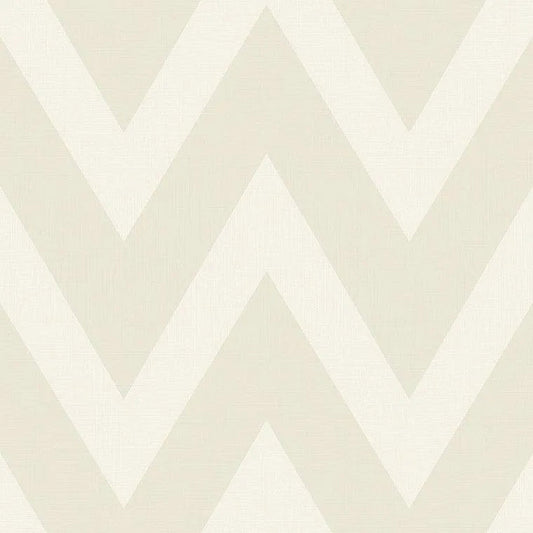 Closeup of a wallpaper showing its Chevron, Cream, Neutrals, Paperweave, Two-tone pattern, color, and subtle texture.