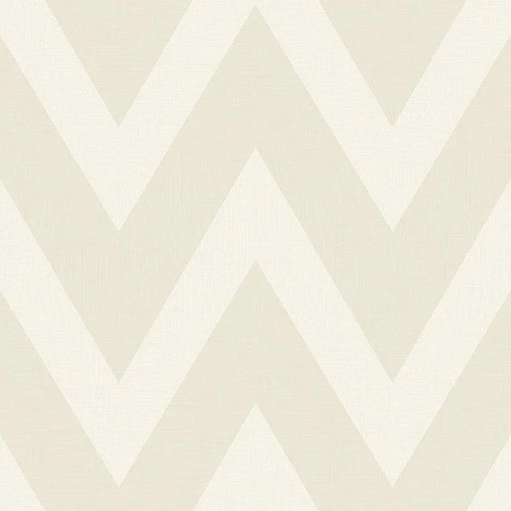 Closeup of a wallpaper showing its Chevron, Cream, Neutrals, Paperweave, Two-tone pattern, color, and subtle texture.