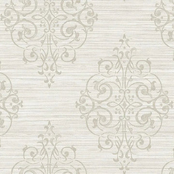 Closeup of a wallpaper showing its Damask, Neutrals, Vinyl pattern, color, and subtle texture.