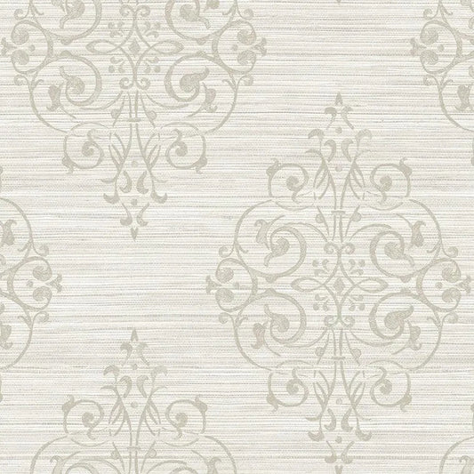 Closeup of a wallpaper showing its Damask, Neutrals, Vinyl pattern, color, and subtle texture.