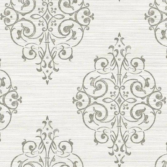 Closeup of a wallpaper showing its Damask, Neutrals, Two-tone, Vinyl pattern, color, and subtle texture.