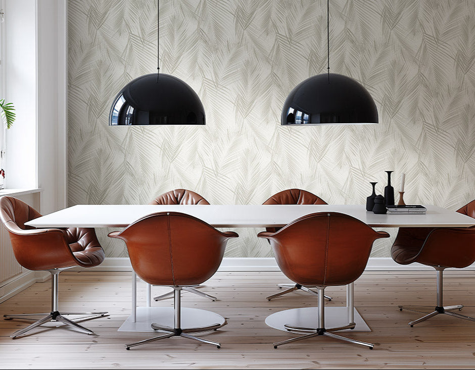Textured wallpaper with a leaf pattern in neutral tones