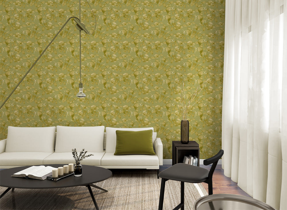 Patterned fabric with green leaves on a green background