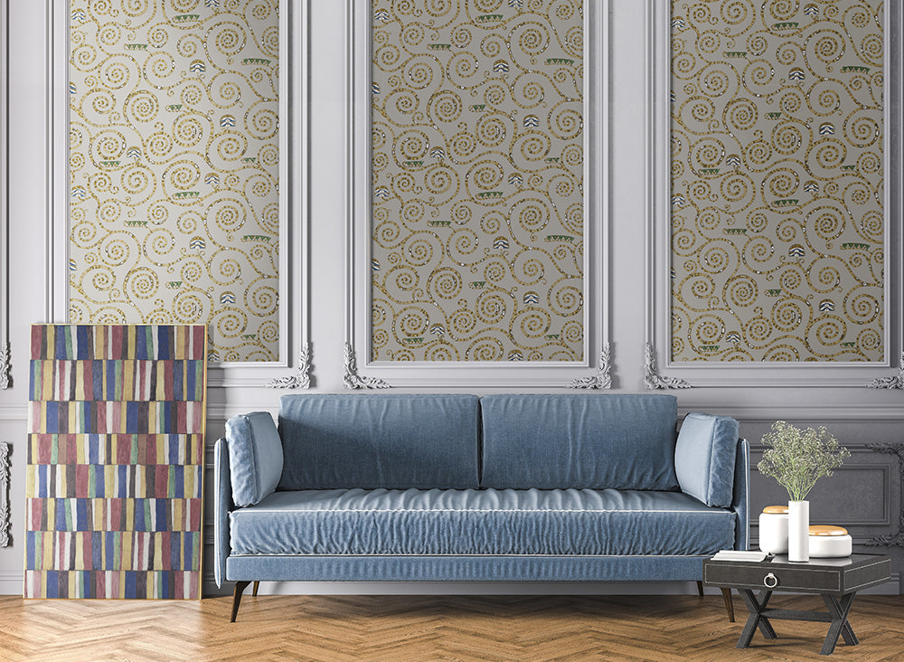 Decorative mosaic wallpaper with spiral pattern on a gray background