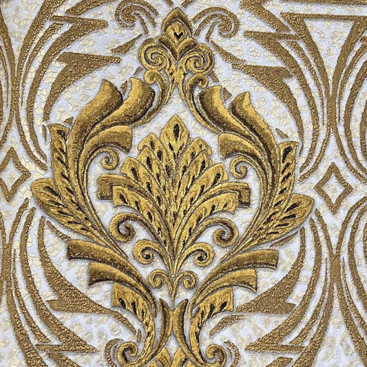 Closeup of a wallpaper showing its Damask, Gold, Luxury, Textures, Vinyl pattern, color, and subtle texture.