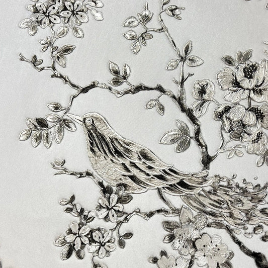 Closeup of a wallpaper showing its Birds, Floral, Luxury, Monochrome, Nature, Textures, Vinyl pattern, color, and subtle texture.