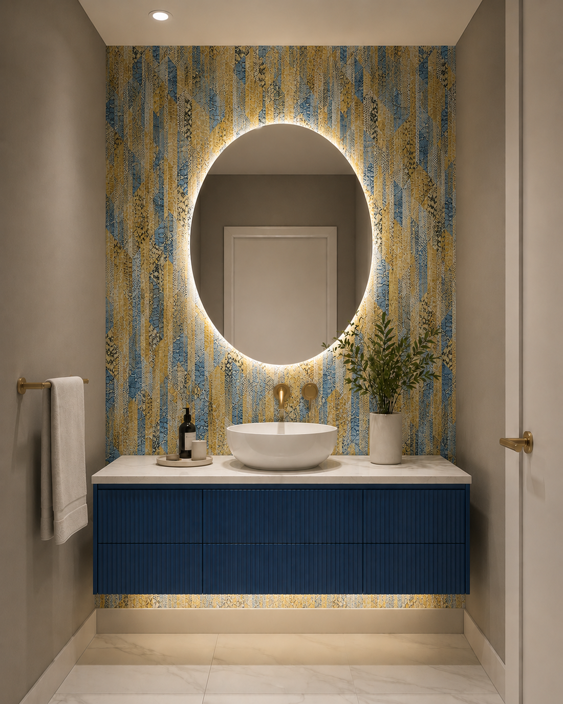 Closeup of a wallpaper showing its Blue, Gold, Luxury, Stripes, Textures, Vinyl pattern, color, and subtle texture.