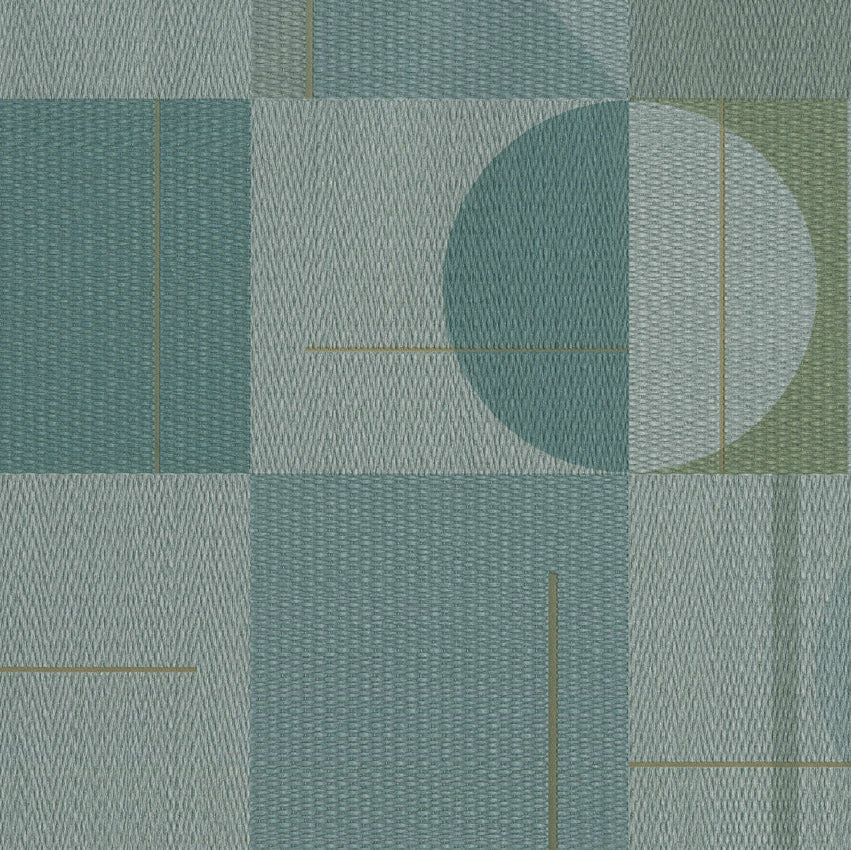 Geometric pattern with squares and a circle on a teal background