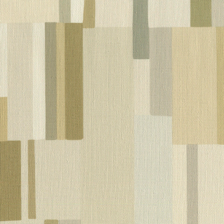 Patterned wallpaper with geometric design in beige, brown, and green tones.