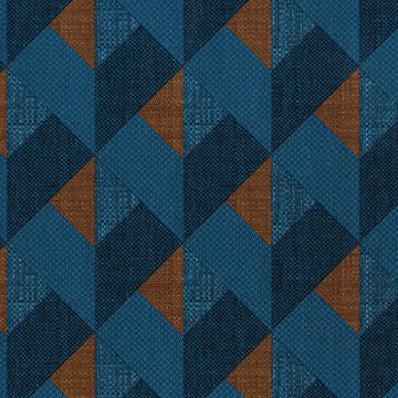 Geometric pattern with blue and brown triangles on a textured fabric background