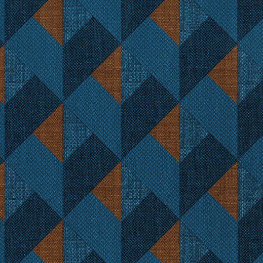 Geometric pattern with blue and brown triangles on a textured fabric background