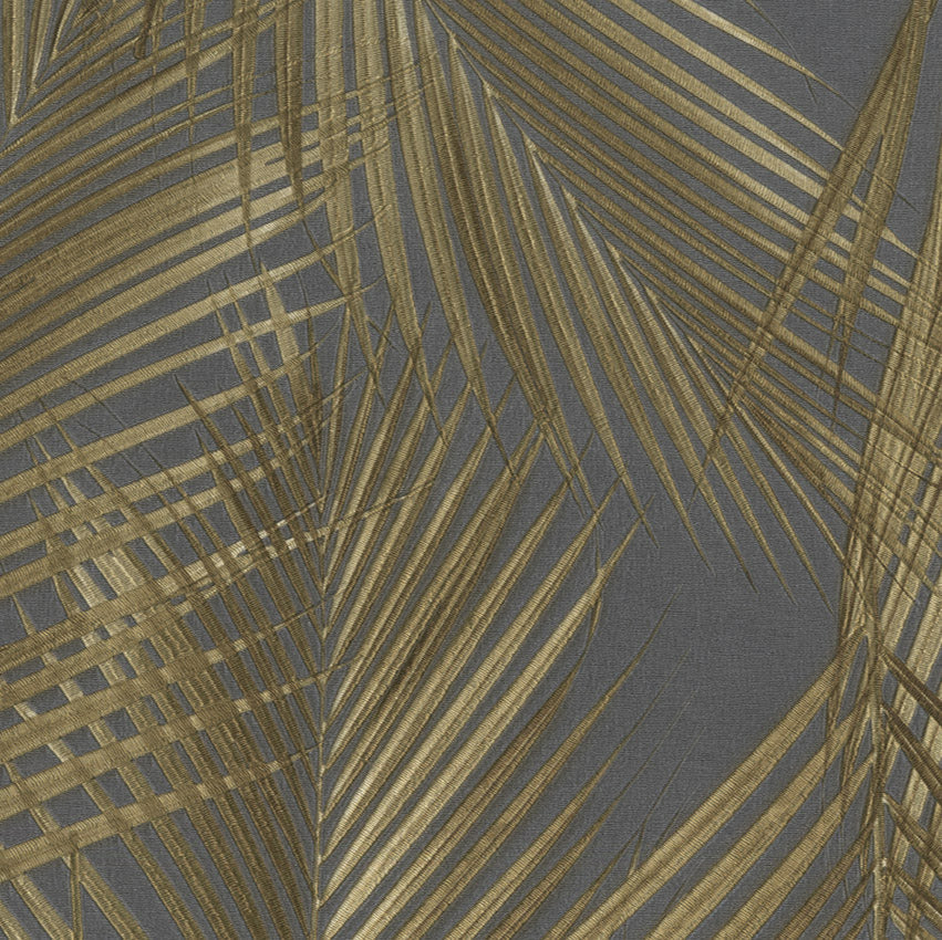 Gold palm leaf pattern on a gray background