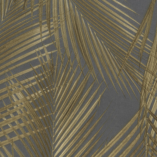 Gold palm leaf pattern on a gray background