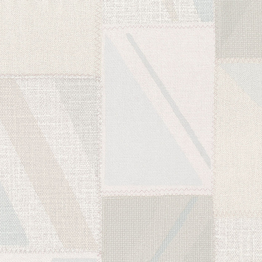 Woven rectangle patches in white and light grey on a cream background