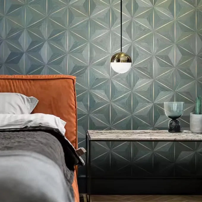 Wallpaper installed in a room showing its full pattern, color