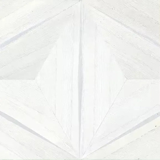 Closeup of a wallpaper showing its Geometric, White, Wood-veneer pattern, color, and subtle texture.