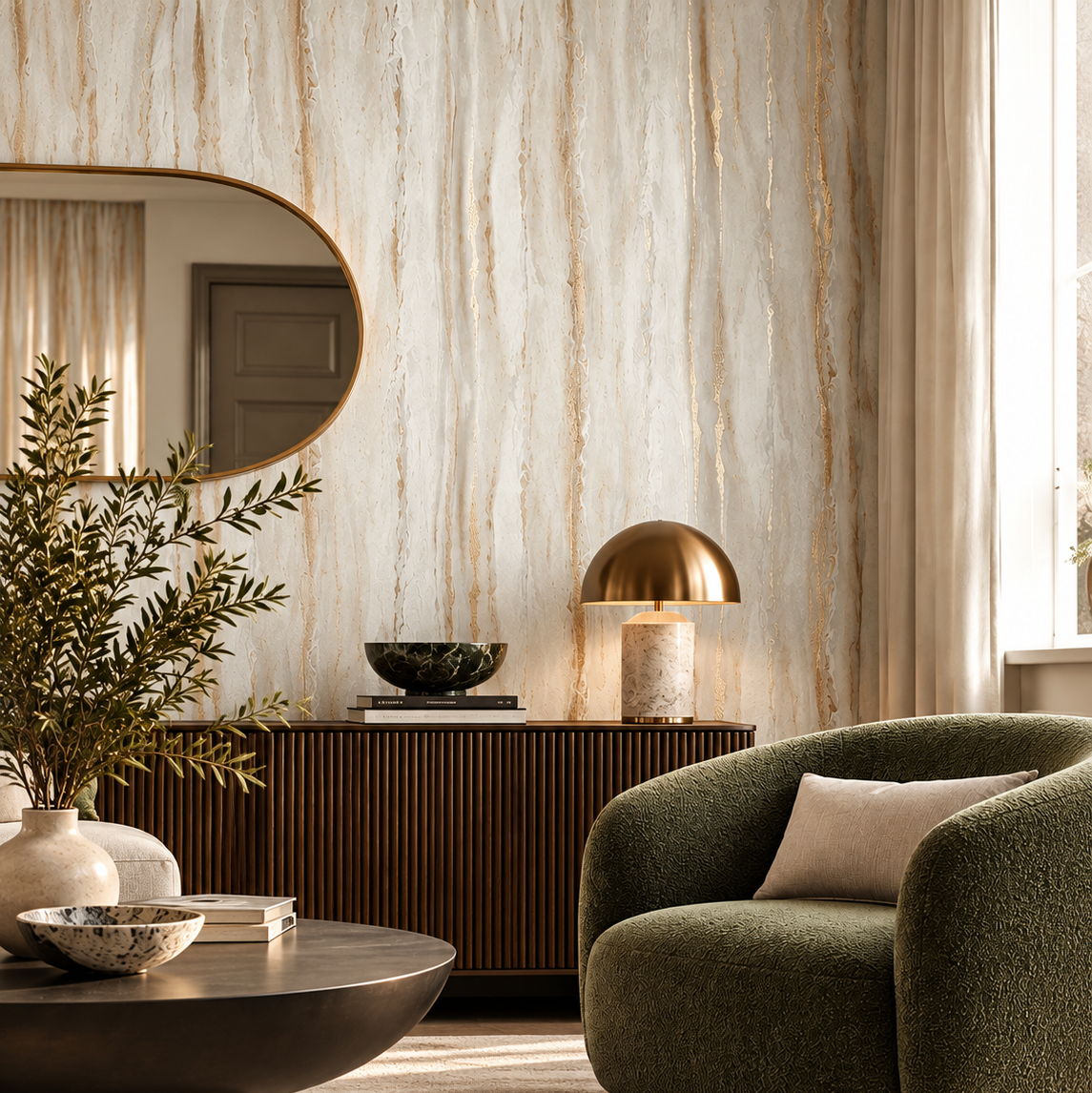 A styled interior scene featuring a rounded olive green upholstered accent chair with a beige pillow, set in a room with textured beige and gold vertical-vein wallpaper, a dark wood credenza, a gold dome table lamp, and a dark round coffee table.