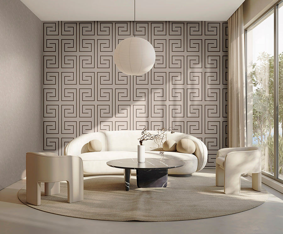 Decorative wallpaper with geometric patterns on a light gray background