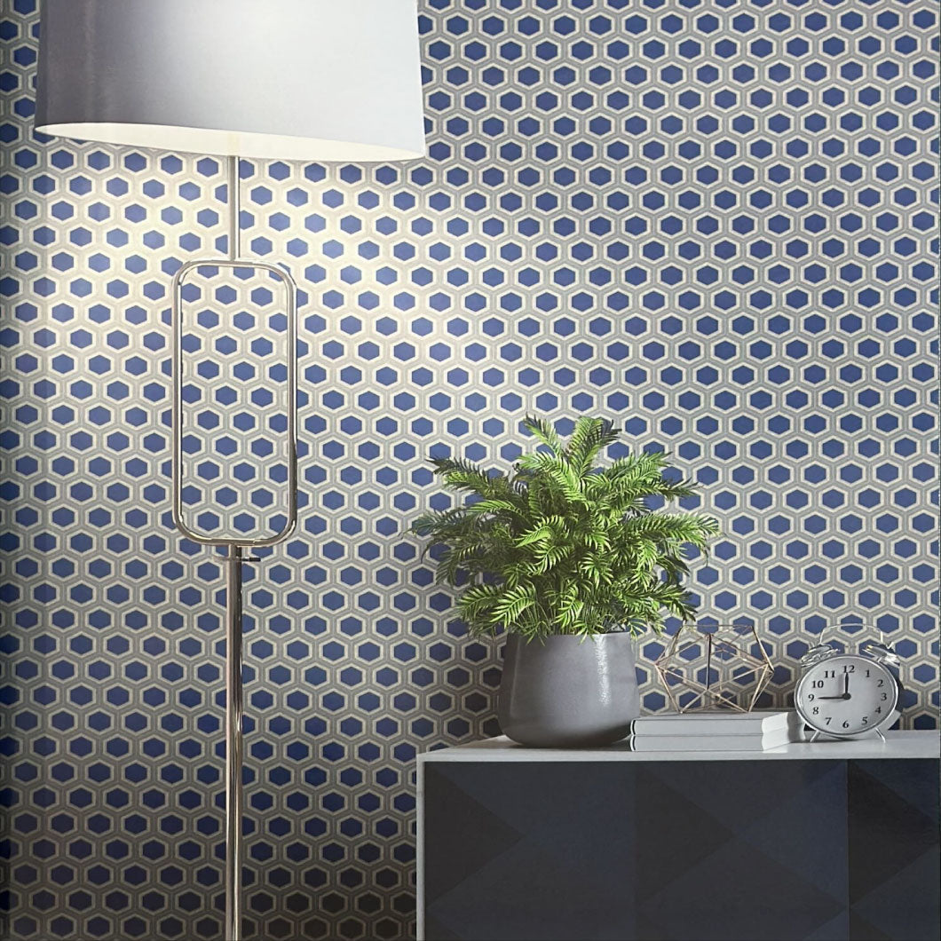 Hexagonal pattern wallpaper with blue and gray colors