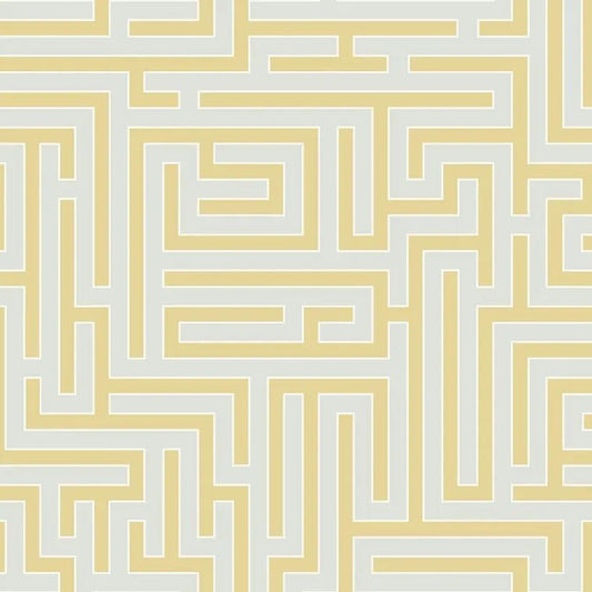Closeup of a wallpaper showing its Geometric, Gold, Greek pattern, color, and subtle texture.