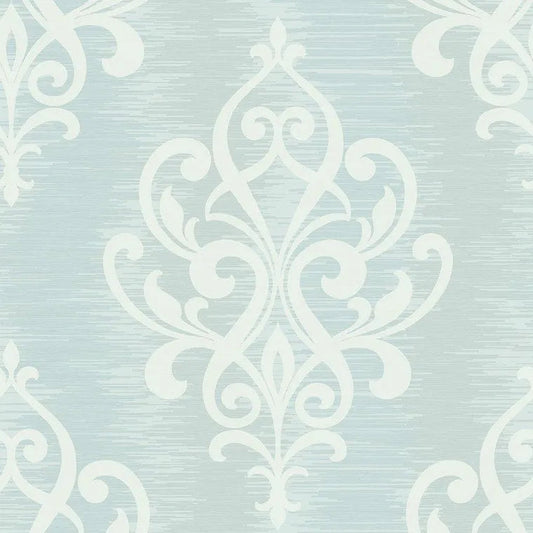 Closeup of a wallpaper showing its Blue, Damask, Two-tone pattern, color, and subtle texture.